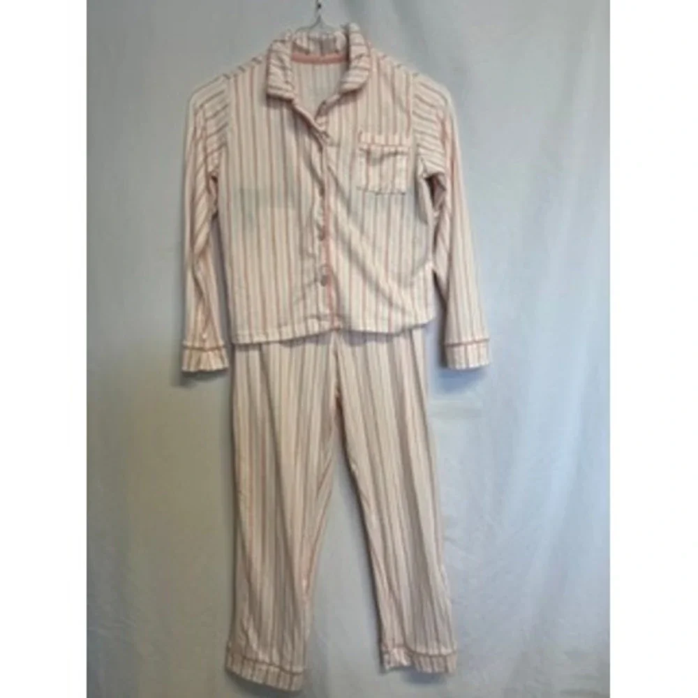 Tahari Kids Pink White Striped Pajama Set Long Sleeve Button Down Pants Size 7/8